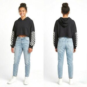 Wild Fable Black Cropped Hoodie with Checkerboard Sleeve Detail — Size XXL